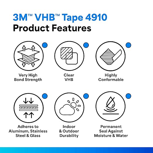 3M VHB Tape 4910, 0.25 in width x 5 yd length (1 Roll),Clear