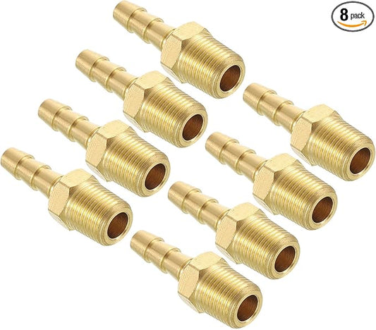 Pack of 8 Brass Hose Barb Fittings Adapter Connector 3/16" Hose Barb to 1/8" NPT Male Fittings for Home Machines, Massage Bathtubs, and Irrigation Systems