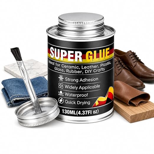 Super Glue, Super Glue All Purpose with Built-in Brush Applicator,130ml Quick Dry Waterproof Adhesive, Superglue for Shoes, Wood, Leather, Rubber, Plastic, Metal (130, Milliliters)