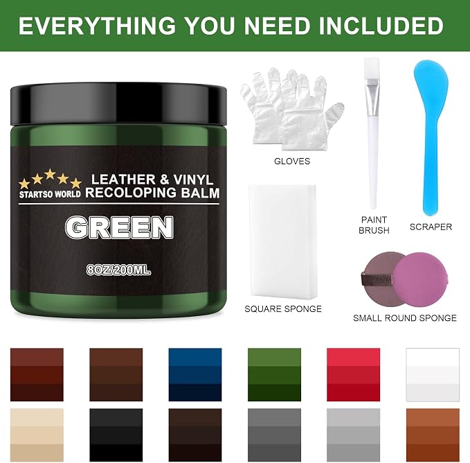 STARTSO WORLD Leather Recoloring Balm, Pine Green Leather Repair Kit for Furniture, Leather Dye, Leather Color Restorer for Couches, Leather Couch Paint | Repair, Restore & Renew Old, Faded Leather