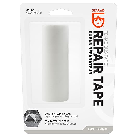 GEAR AID Tenacious Tape 3” x 20” Clear Vinyl Gear Repair Tape, Fix Holes and Rips in Jackets, Rain Gear, Tents, Sleeping Bags and Outdoor Equipment, Clear, 1 Roll