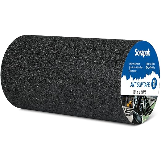 Black Anti Slip Tape 10in x 40ft, 80 Grit Waterproof Non Skid Grip Tape Roll for Ramps, Decks, Boat Decks, Warehouse Floors, Garages, Indoor & Outdoor Use