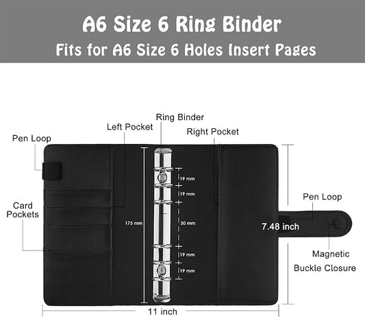 Antner A6 PU Leather Notebook Binder Refillable 6 Ring Budget Binder for A6 Filler Paper, Loose Leaf Personal Planner Binder Cover with Magnetic Buckle Closure, Black