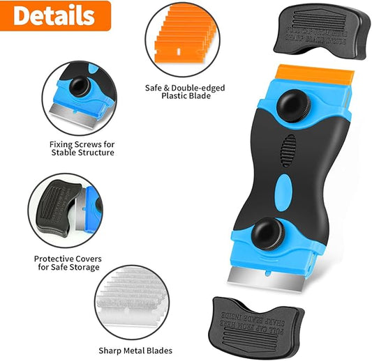 Plastic Razor Blade Scraper Double Ended - Scraper Tool With 40pcs Metal & Plastic Razor Blades, Vinyl, Paint, Sticker Removal Tool For Cleaning Car, Window, Glass, Wood, Non Scratch
