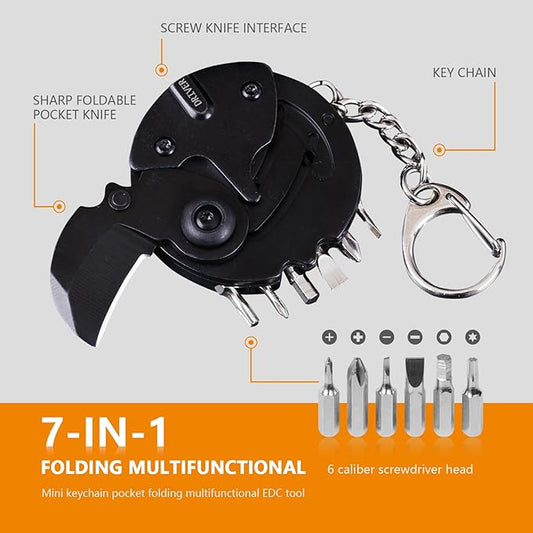 7-in-1 mini outdoor folding multifunctional tool - Small EDC Multitool with Screwdriver Set - portable pocket pendant -Compact Manual Tool (Black stainless steel)