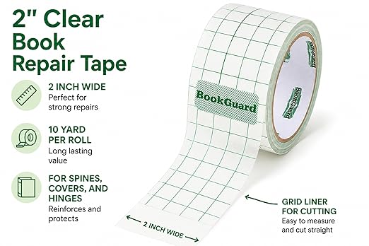 BookGuard 2 Inch Clear Vinyl Book Repair Tape with Grid Liner, 10 yd Roll, Matte Non-Glare Book Binding Tape for Spines, Covers, Pages, Library Book Repair, Schools, Hymnals