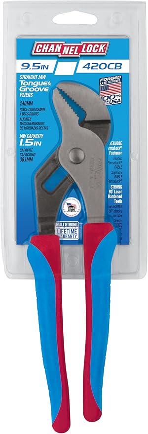 CHANNELLOCK 420CB 9.5-inch CODE BLUE Straight Jaw Tongue & Groove Pliers, Made in USA, Forged High Carbon Steel