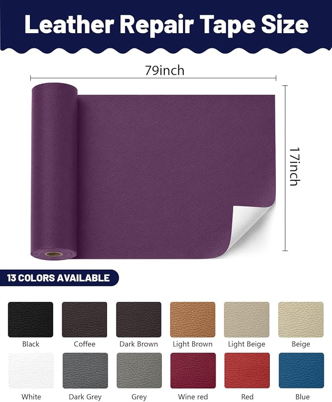 BOUYEER Leather Repair Patch Tape Kit,Self Adhesive Leather Repair for Sofa，Car Seat,Office Chair,Furniture,Jacket,Waterproof Strong Adhesive Vinyl Repair Kit. 17 in x 79 in,Purple