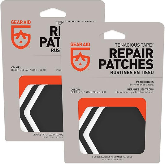 GEAR AID Tenacious Tape Hex – 2.5” Repair Patches (8 Patches, Clear/Black) – Peel-and-Stick Outdoor Nylon Fabric to Fix Holes and Burns in Down Jackets, Rain Gear and Tents