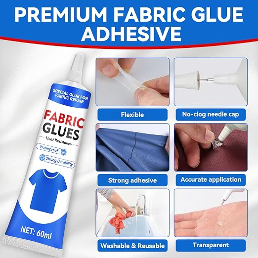 Fabric Glue, 60 ML Fabric Glue for Clothing Permanent Washable, Fabric Adhesive for Rhinestones, Patches, Clothes, Denim, Leather, Polyester, Fabrics, Doll Repair, Flannel, Cotton