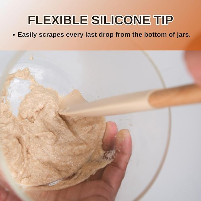 2Pcs 10.7" Silicone Jar Spatula with Natural Beechwood Handle, Removable Flexible Scraper Head for Deep Jars, Thick Non-Stick Small Spatula for Sourdough, Peanut Butter, Blenders & Baking, Cream