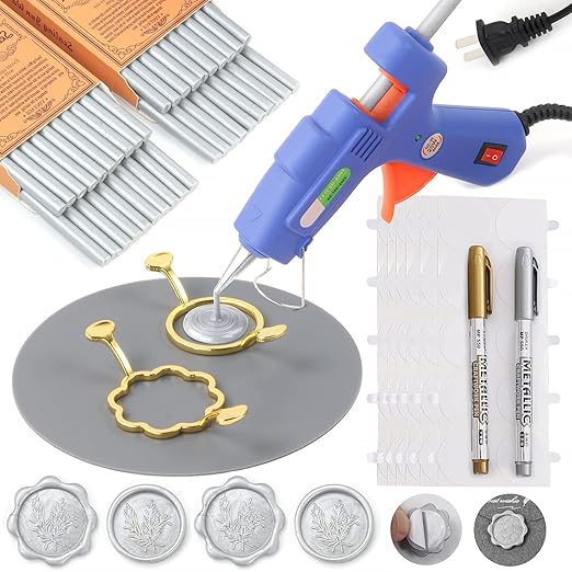 Wax Seal Kit, WASOHLING 40Pcs Sliver Sealing Wax Sticks with Glue Gun, Wax Seal Molds, Silicone Mat, Marker Pens, Premium Kit for Wedding Invitations Envelopes Cards (Silver)