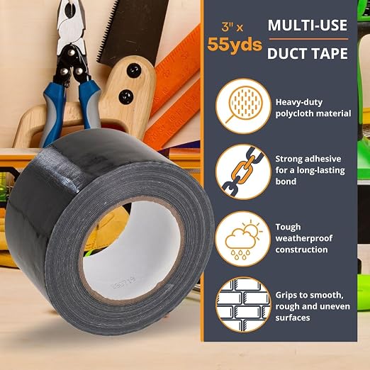 GTSE Wide Duct Tape, Black, 3 Inches x 55 Yards (164 ft), Heavy Duty, Waterproof Repair Tape for Indoor or Outdoor Use, 16 Roll
