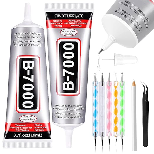 B7000 Adhesive Rhinestones Glue for Crafts, 2PCS 110ml / 3.7 fl oz with 5 Dotting Pen Tool, Wax Pencil and Tweezer, Jewelry Glue for DIY Craft, Makeup, Shoes, Jewelry Making, Nail Art