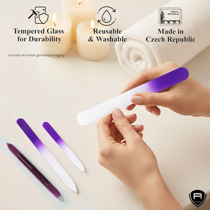 Alban Czech Glass Nail File Set with Manicure Stick & Vegan Leather Cosmetic Case (Purple Nail Files, Plum Manicure Stick & Cream Cosmetic Case)