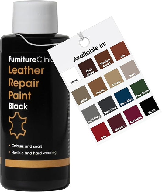 Furniture Clinic Leather Repair Paint | 2-in-1 Seal and Color | Use on Scratches, Tears, and Holes in Car Seats, Furniture | Quick and Easy Leather Repair Kit for Furniture (Black, 50ml / 1.7oz)