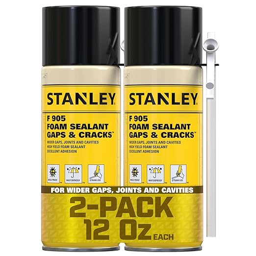 Stanley F905 Gaps & Cracks Sealant (2x12 Oz.) – Polyurethane Spray Foam Insulation for Window & Door, Waterproof Gap Filler, Low Expansion Foam for Indoor & Outdoor Use | Straw Use | 12 Oz. 2 Pack