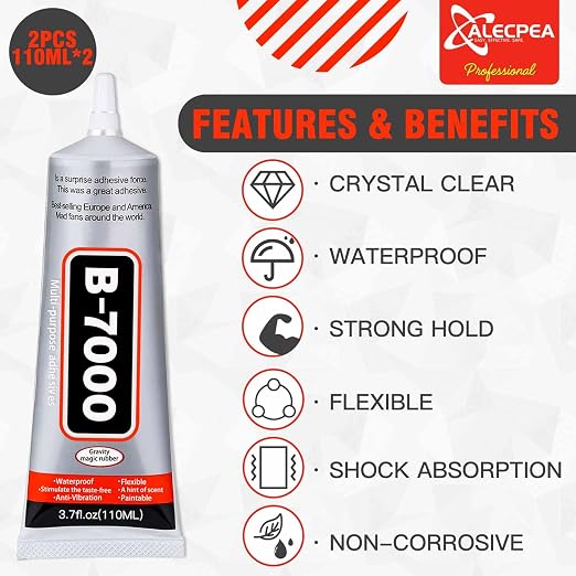 B-7000 Craft Glue for Jewelry Making - 110ml/3.7oz (2 Pack) - Multi-Function B-7000 Super Adhesive Glues Liquid Fusion Glue for Rhinestones Crafts, Clothes Shoes, Fabric, Jewelry Making, Cell Phones