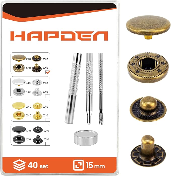 Leather Snaps and Fasteners Kit，15mm 40 Sets Metal Snap Buttons with Setter Tools， Sewing Snaps for Clothing，Fabric，Leather, Clothes, Jackets, Bags, DIY Crafting（Bronze）