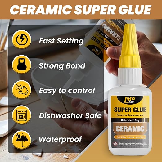 Ceramic Super Glue 2 Pack, Food Safe Ceramic Glue Repair Pottery Porcelain, Waterproof Clear Instant Adhesive for Mugs, Chip, Figurines, Dishes, Bowls, Plates, Fast Drying CA Glue Strong, Non Toxic