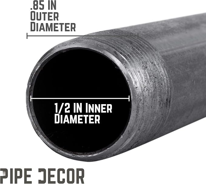 PIPE DÉCOR 1/2” x 9” Malleable Cast Iron Pipe Nipple, Pre-Cut Connectors, Industrial Steel Grey Fits Standard Half Inch Black Threaded Pipes Nipples and Fittings, Build Vintage DIY Furniture, 6 Pack