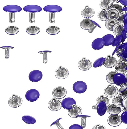 HARFINGTON 100 Sets Double Cap Leather Rivets, 10x10mm Round Cap Tubular Metal Studs Leather Crafting Rivets for Fabric Belt Pet Collar Boot Bag Repair and Decoration, Purple