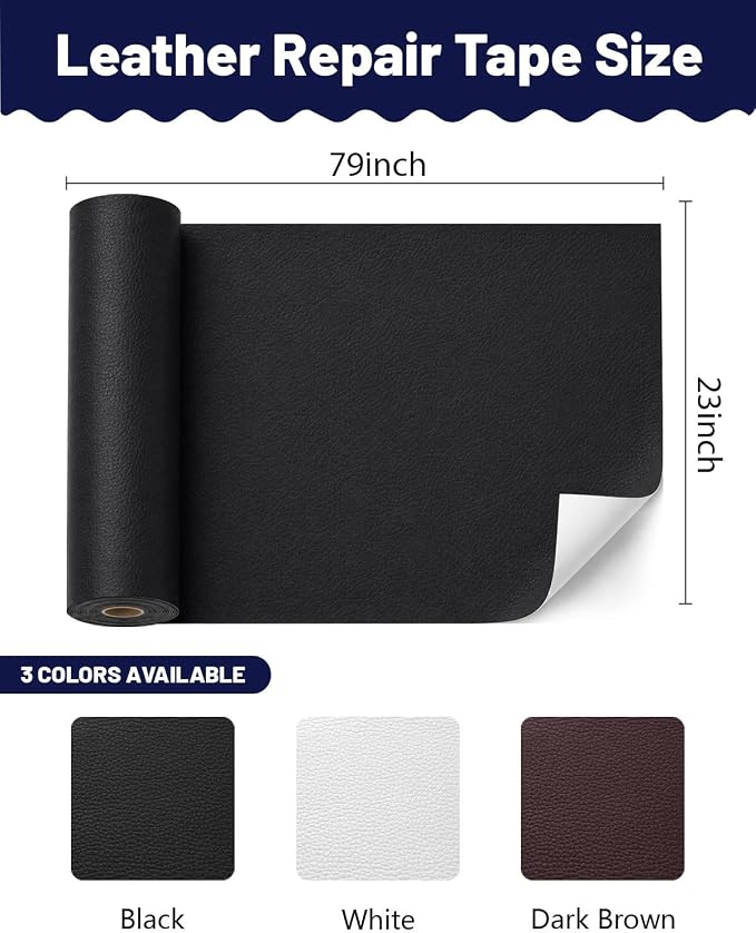 BOUYEER Leather Repair Patch Tape Kit,Self Adhesive Leather Repair for Sofa，Car Seat,Office Chair,Furniture,Jacket,Waterproof Strong Adhesive Vinyl Repair Kit. 23 in x 79 in,Black