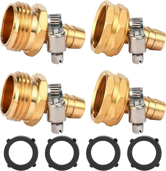 Brass Garden Hose Connector Repair Mender Kit with Stainless Clamp,Fits 1/2" Water Hose Fitting,2 Sets(1/2" Barb x 3/4" GHT)