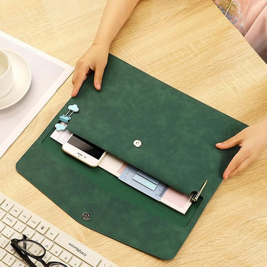 PU Leather Document File Folder,Thin A4 Folder Envelope File Organizer Storage Bag, Receipt Contract Case with Magnetic Closure (Green)