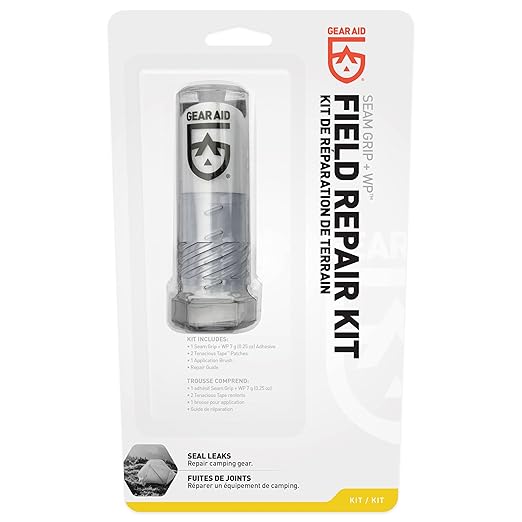 GEAR AID Seam Grip WP Repair Kit – Waterproof 0.25 oz Adhesive with Two Tenacious Tape Hex Patches (2.5" x 2.8", Black and Clear) for Fixing Holes, Tears, and Seams on Tents, Jackets, and Outdoor Gear