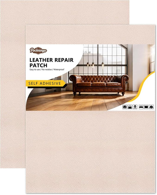 2 Pcs Khaki Leather Repair Tape, 8x12 Inch Leather Repair Patch Self-Adhesive, Waterproof Faux Leather Patch, Vinyl Repair Tape for Couch, Sofas, Furniture, Office Chair, Car Seats