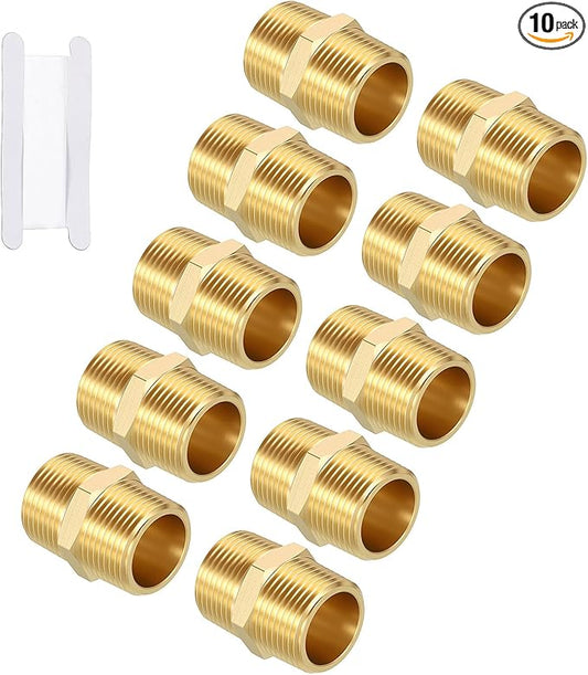 Pack of 10, 3/4" MNPT to 3/4" MNPT Solid Brass Hex Nipple Hose Connectors W/Sealing Tape, Male Pipe Adapter for Pipe Leak Repair, Bathroom Remodeling, Tool Extensions, Compression