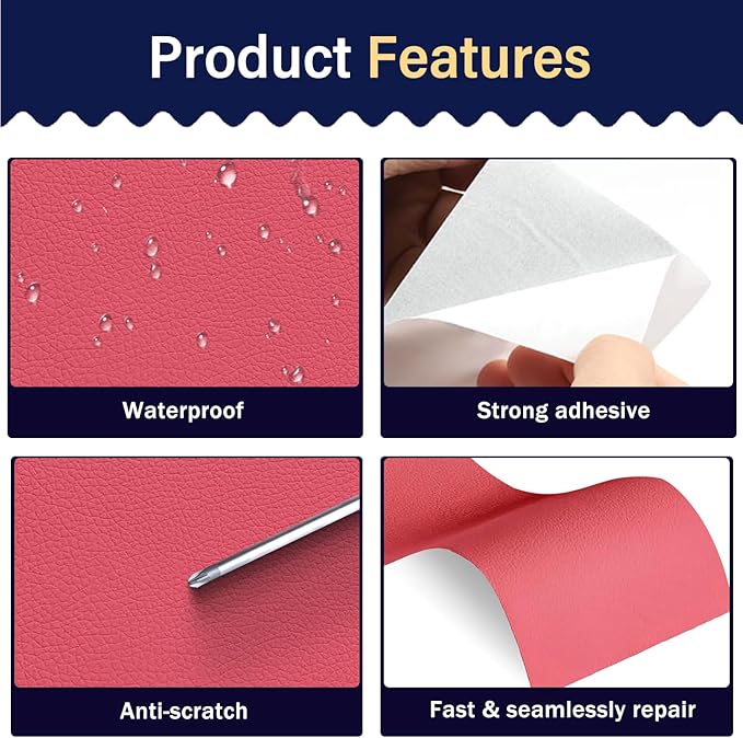 Zenyao Leather Repair Patch Tape - Self Adhesive Leather Repair Kit for Car Seat Furniture, Heavy Duty Vinyl Repair Patch for Couch Sofa, Waterproof Fix for Tears, 16x60 Inch Roll, Hot Pink