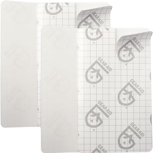 GEAR AID Tenacious Tape Flex Heavy Duty Patches for Fixing Holes and Rips in Outdoor Fabrics, Vinyl, Pool and Snow PVC Inflatables, Peel-and-Stick, Clear, Two 3" x 5" Patches