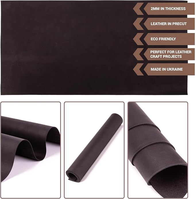 Shkira 12''X24'' Premium Crazy Horse Genuine Black Leather Sheets for Crafts - Leather Square - 2.0MM Thick Genuine - Thick Cowhide Leather Pieces Square - Leather Sheet for Crafts
