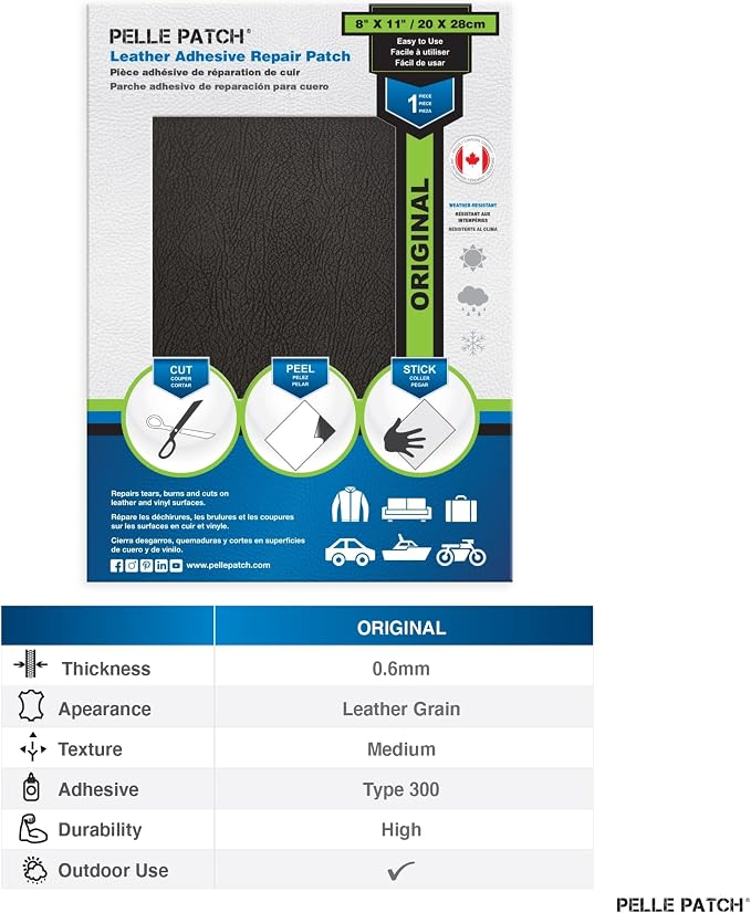 Black Leather Patch Car Seat Repair Kit - 25 Colors Available - Original 8x11 - Black