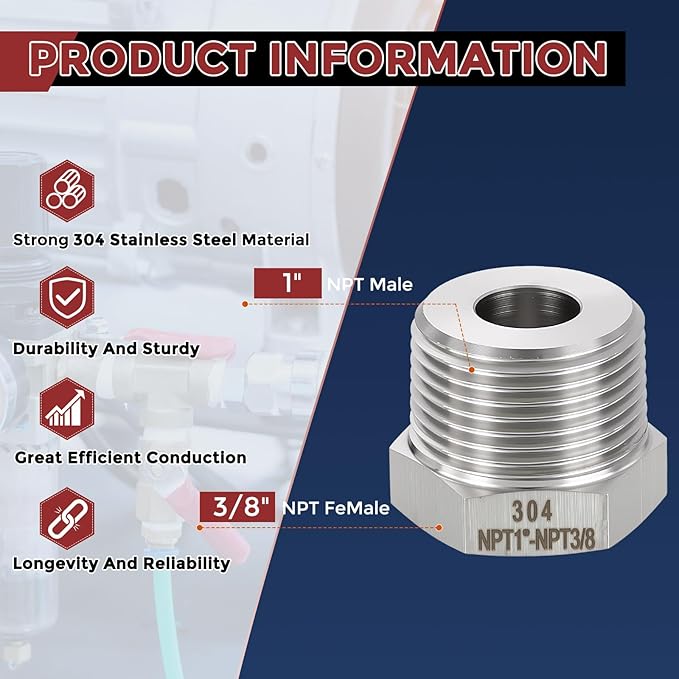 Pack of 1, 1" Male NPT to 3/8" FeMale NPT Solid 304 Stainless Steel Hex Bushing, Hose Fittings Adapter Reducer for Pipe Leak Repair, Bathroom Remodeling, Tool Extensions