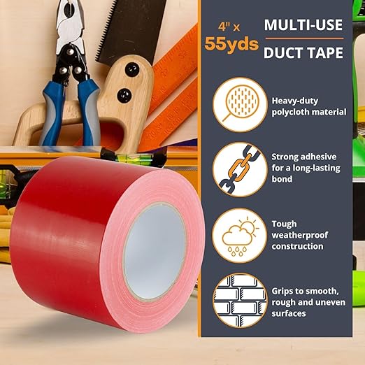 GTSE Wide Duct Tape, Red, 4 Inches x 55 Yards (164 ft), Heavy Duty, Waterproof Repair Tape for Indoor or Outdoor Use, 48 Rolls