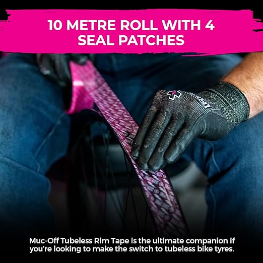 Muc-Off Tubeless Rim Tape 35mm (Pack of 2) - 10m Roll with 4X Seal Patches | Pressure-Sensitive Adhesive for Tubeless Bike Tyre Setups | Fits Road, CX, Gravel, MTB & Plus Rims