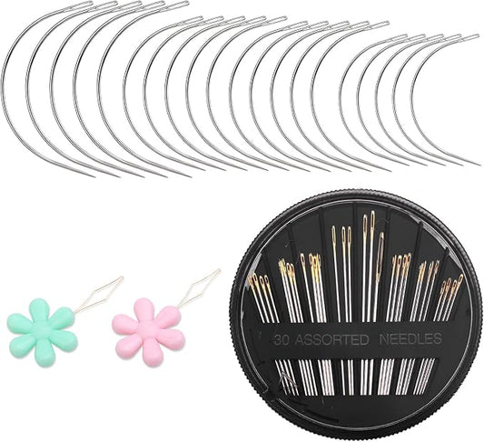 Premium Curved Leather Needles Kit - Assorted Sharp Needles (4 Sizes) with Threaders for Leather Repair & Art Crafts
