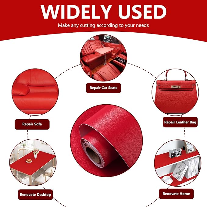 Leather Repair Patch 15.7x80 inch Large Self-Adhesive Leather Repair Tape Vinyl Leather Repair Kit for Sofa Car Seats Chairs Shoes Bags Damaged Leather Furniture (Red)