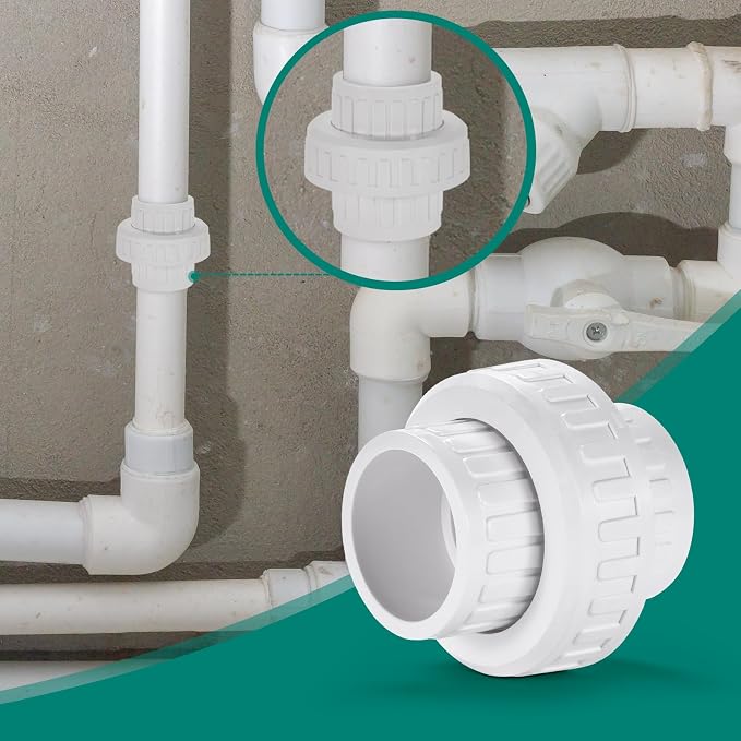 1-1/4" PVC Union Coupling Pipe Fitting,1-1/4" PVC Slip Union Schedule 40, PVC Adapter(Socket x Socket), built-in EPDM O-Ring, White (2 Pack ）