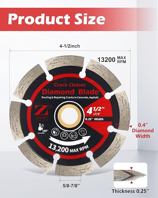 ZORUNNA Diamond Crack Chaser Blade for Concrete 4.5", 1/4" Wide V-Groove Concrete & Asphalt Crack Repair Diamond Blade for Angle Grinder, 7/8" Non-Threaded Arbor.