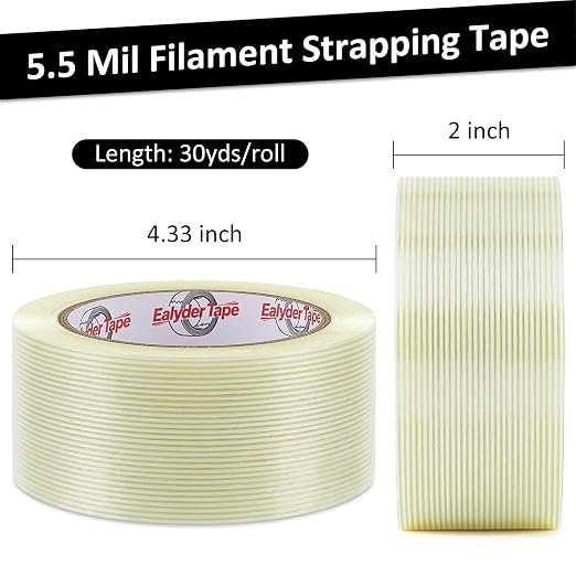 3 Pack Transparent Reinforced Fiberglass Tape – 2 Inch x 30 Yards, 5.5 Mil Filament Strapping Tape, Adhesive Heavy Duty