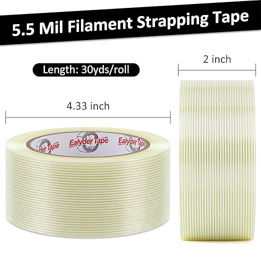 2 Inch x 30 Yards Transparent Reinforced Fiberglass Tape – 5.5 Mil Filament Strapping Tape, Adhesive Heavy Duty