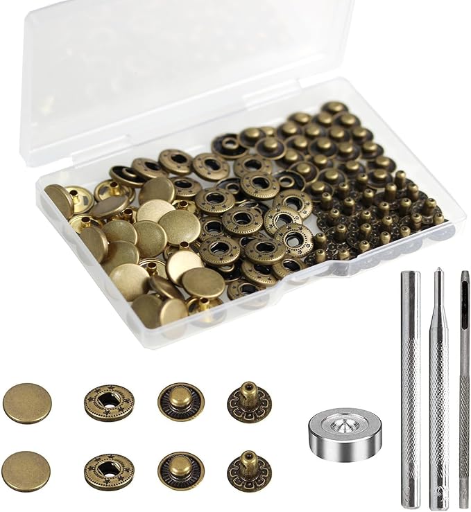 BetterJonny 24 Sets Heavy Duty Leather Snap Fasteners Kit, 12.5mm Metal Snap Buttons Press Studs Leather Rivets Snaps with 4 Setter Tools for Clothes Bracelet Jackets Jeans Antique Brass