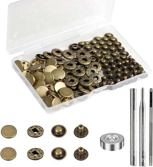 BetterJonny 24 Sets Heavy Duty Leather Snap Fasteners Kit, 12.5mm Metal Snap Buttons Press Studs Leather Rivets Snaps with 4 Setter Tools for Clothes Bracelet Jackets Jeans Antique Brass
