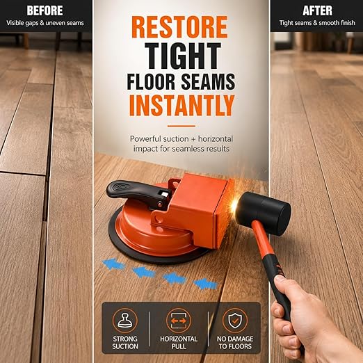 Floor Gap Fixer Tool with Enhanced Vacuum Suction Cup for Vinyl Plank (LVP), Laminate, Hardwood & Tile Flooring, Industrial Steel, Heavy Duty Floor Fix Plank Grabber for Repair Gaps (Tool + Mallet)