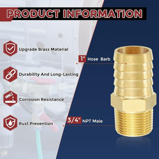 Pack of 1 Brass Hose Barb Fittings Adapter Connector 1" Hose Barb to 3/4" NPT Male Fittings for Home Machines, Massage Bathtubs, and Irrigation Systems