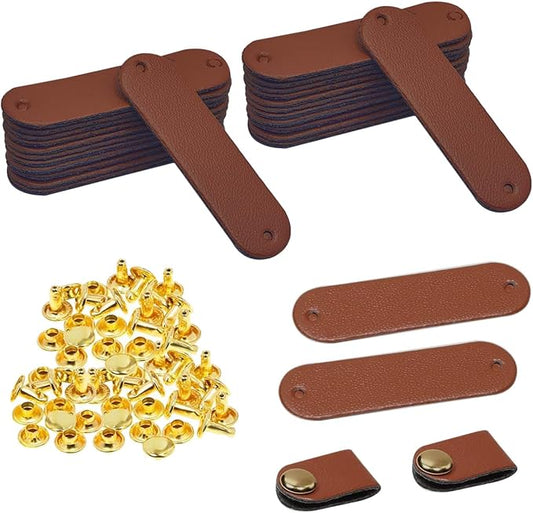Small Brown PU Leather Handmade Tag with 8mm Rivet Button for Knits,Universal Blank Label Cute Repair Patch Soft Crochet Tape with Holes for DIY Clothing,Sewing Stamping,Keychain,Crafts Decor (40)